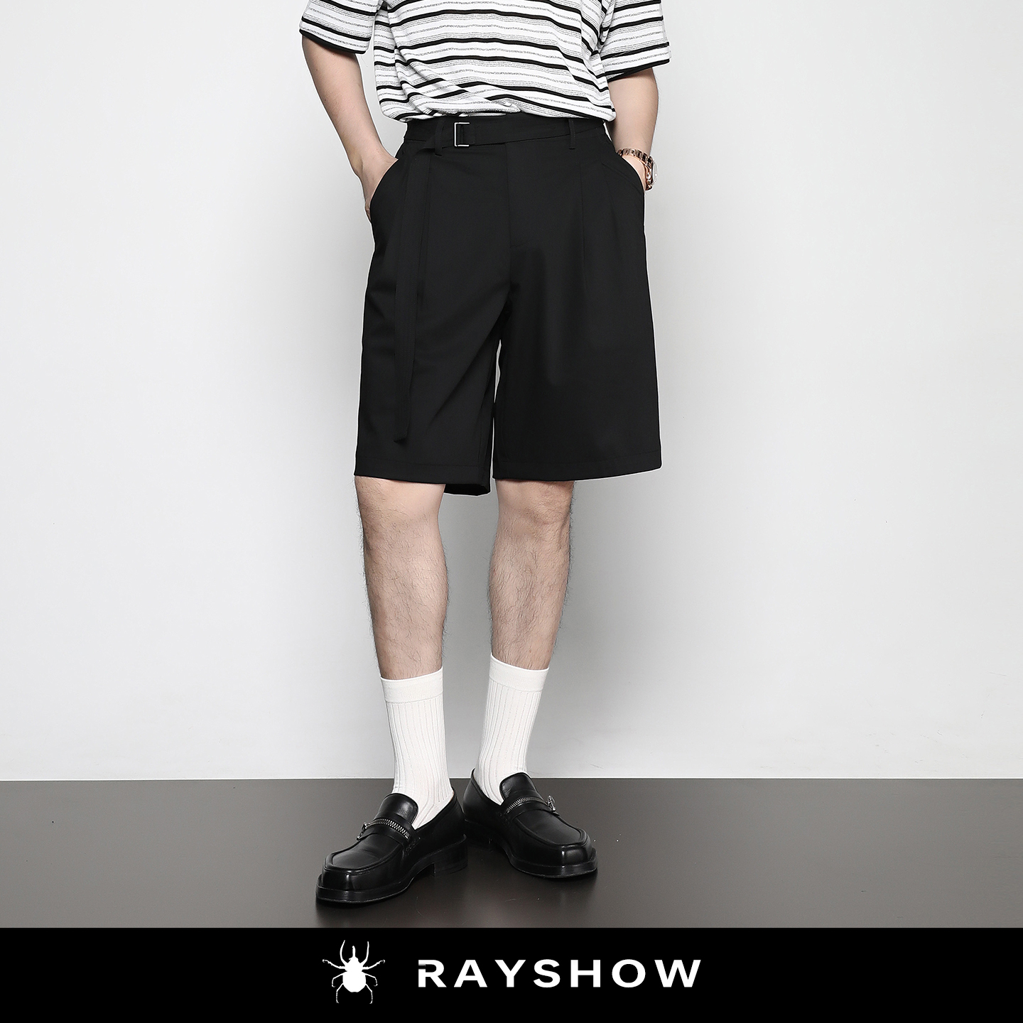 RAYSHOW经典双褶裥腰带五分裤