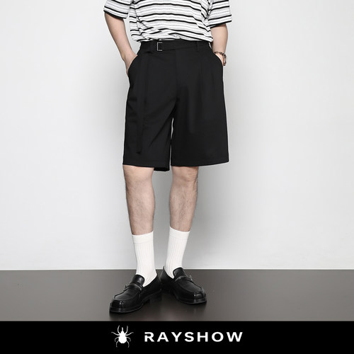 RAYSHOW经典双褶裥腰带五分裤