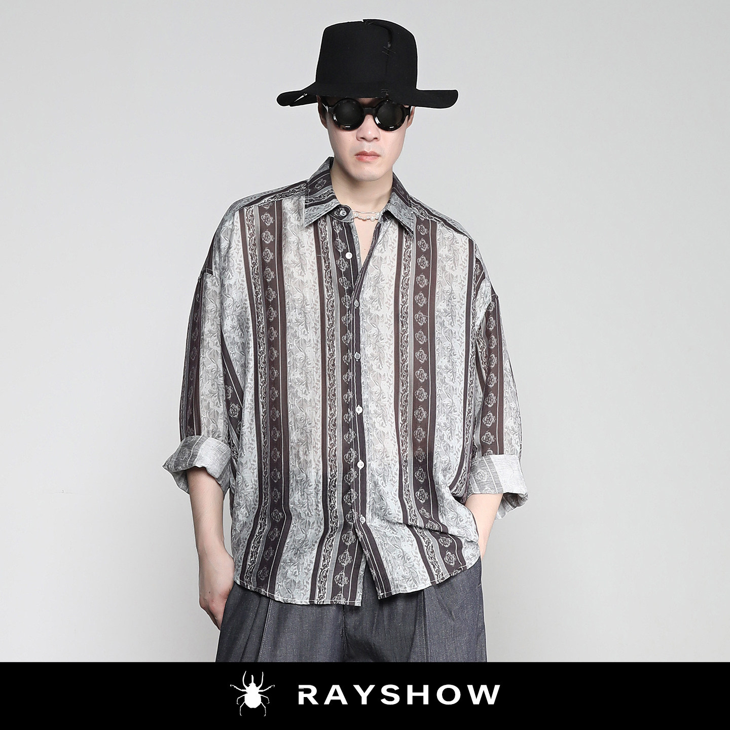 RAYSHOW莱赛尔亚麻复古花卉条纹长袖衬衫男 日系vintage古着衬衣