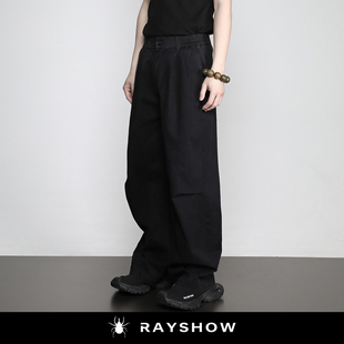伞兵裤 长裤 半松紧腰休闲工装 RAYSHOW2026春夏做旧棉感褶皱阔腿裤