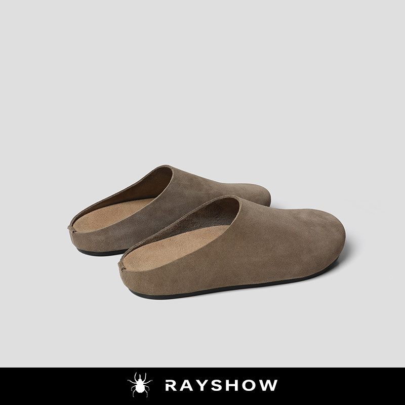 RAYSHOW·头层磨砂牛皮 松弛有度老钱风勃肯拖鞋男包头半拖穆勒鞋