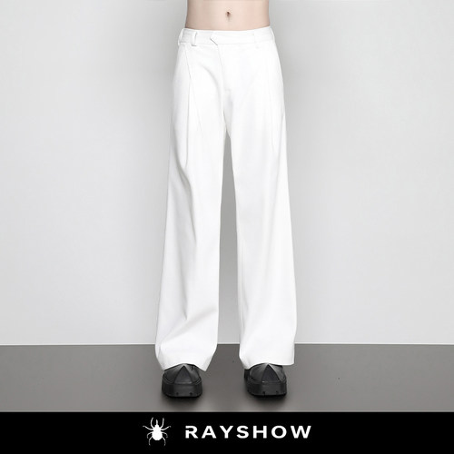 RAYSHOW斜褶设计显瘦阔腿西装裤