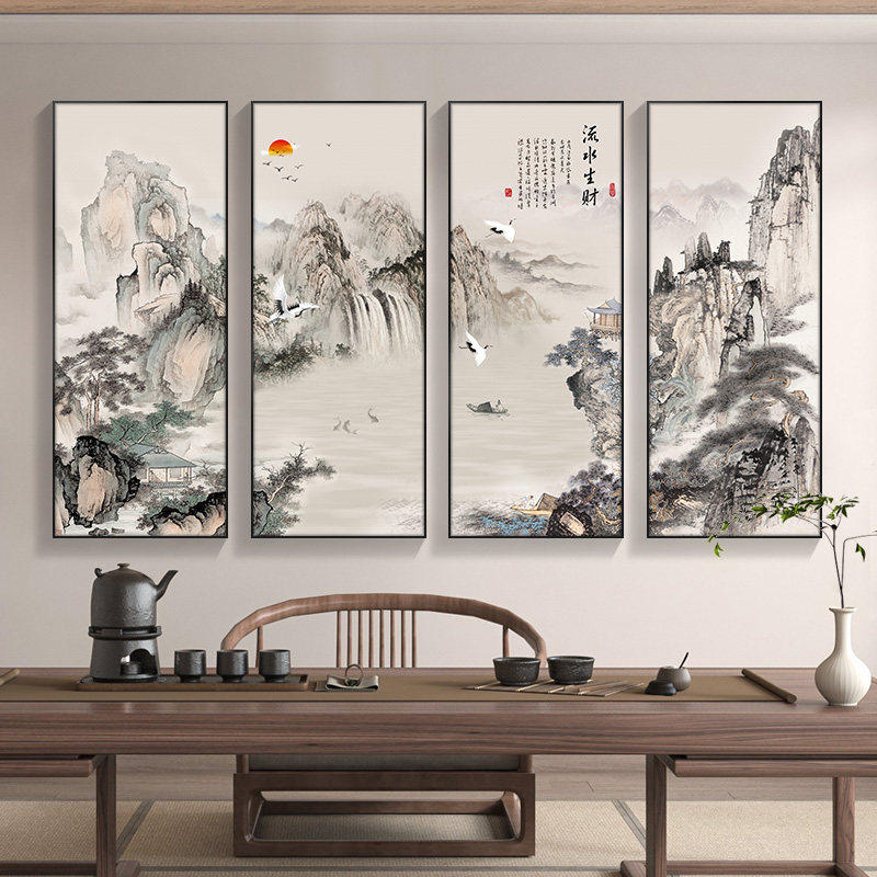 流水生财山水画客厅挂画沙发背景