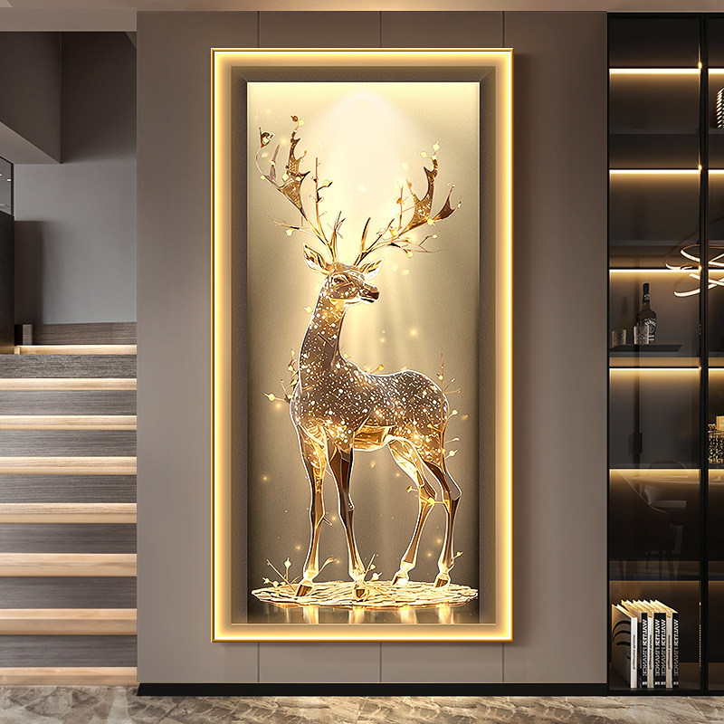 福鹿生财进门玄关装饰画轻奢走廊过道壁画灯高档大气入户发光挂画
