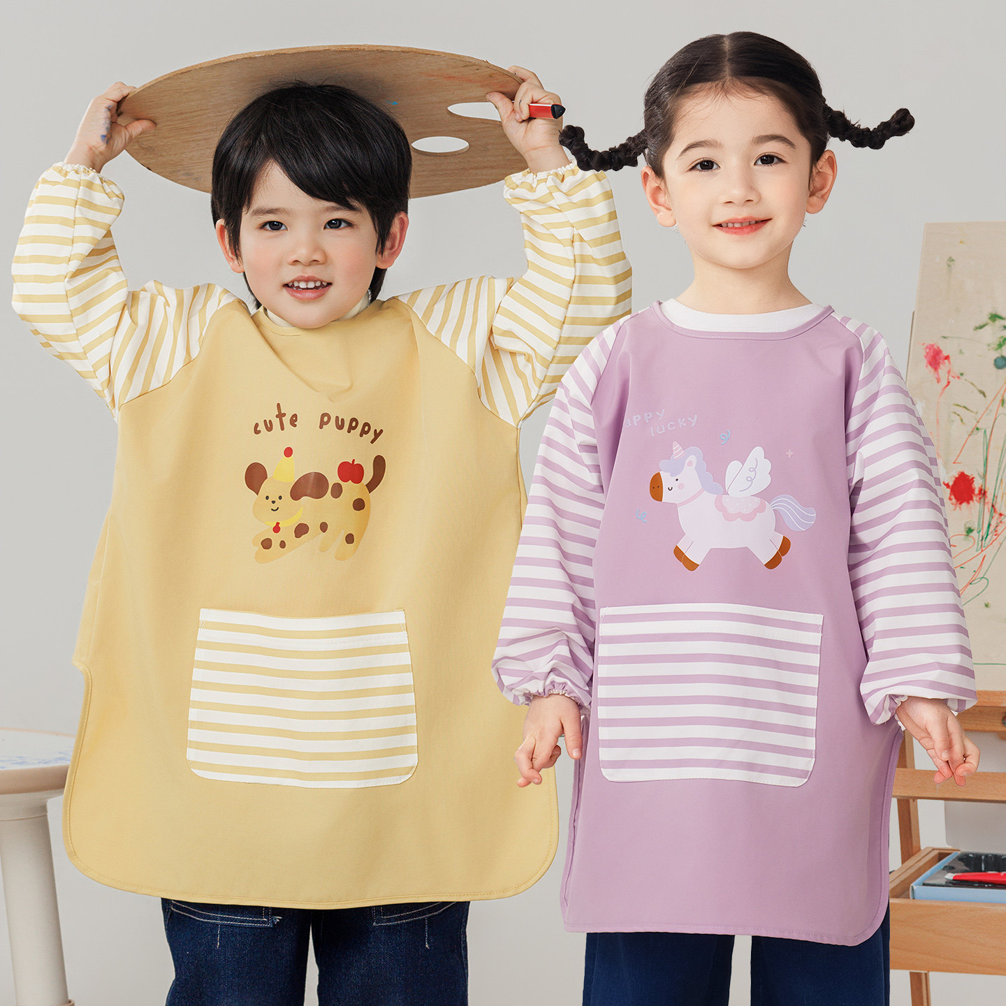 宝宝画画罩衣幼儿园吃饭防水围兜男童美术长袖围裙女童反穿衣定制