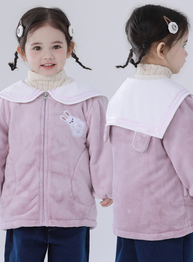 女宝宝法兰绒罩衣长袖秋冬小孩羽绒服防脏可爱罩衫儿童拉链护衣冬