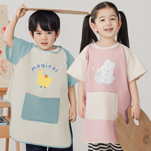 宝宝防水罩衣幼儿园绘画防脏围裙短袖魔术贴儿童吃饭反穿衣定制夏