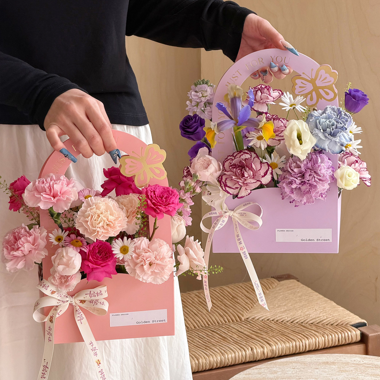 教师节烫金纸质手提花篮礼盒图片