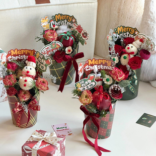 圣诞节鲜花手提袋苹果花束包装盒圆形抱抱桶插花盒diy手提花盒