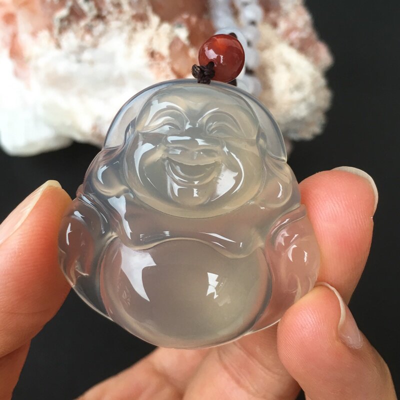 马料纯天然原色无烧高冰玉髓玛瑙佛公吊坠子笑佛女款百搭毛衣项链