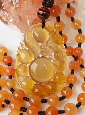 无烧黄玉髓灵猴献瑞吊坠项链复古