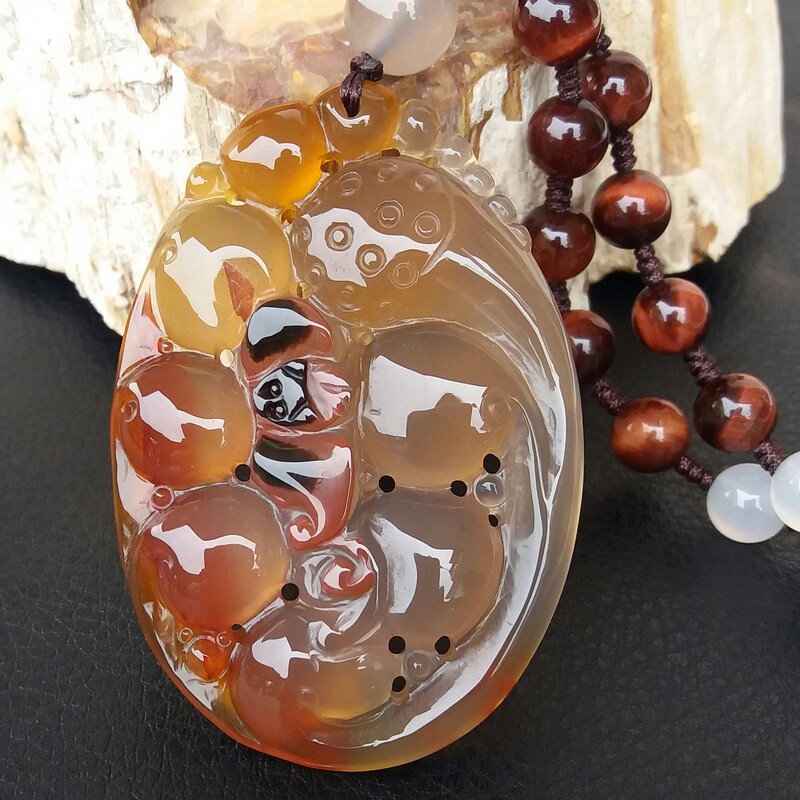 俏雕福禄寿纯天然原色无烧冰透玉髓蝙蝠吊坠复古毛衣链女款带证书