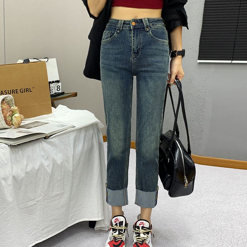 复古怀旧高腰直筒牛仔裤女弹力显瘦磨白个性翻边纽扣九分烟管裤子