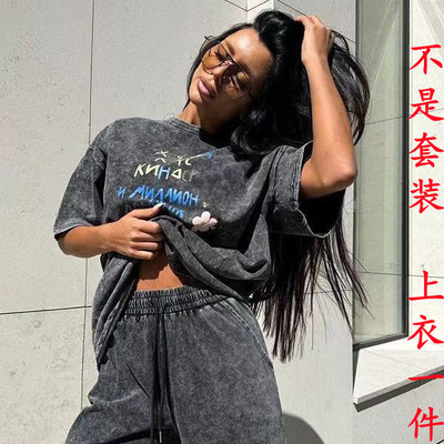 潮牌街头个性港味印花别致小众美式复古做旧水洗黑oversizeT恤女