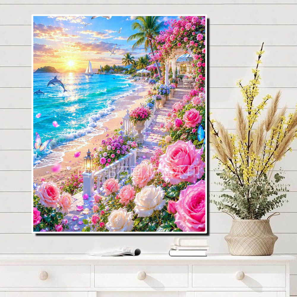 方钻高颜值粉色玫瑰花园海滩钻石画梦幻风景DIY手工粘点钻十字绣