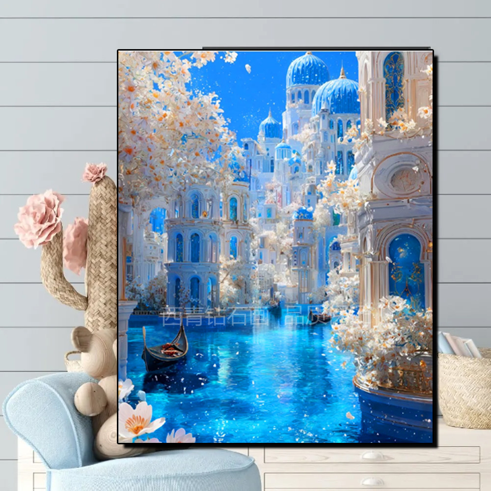 5D方钻圣托里尼风景地中海钻石画艺术画高难度成人DIY手工钻石绣