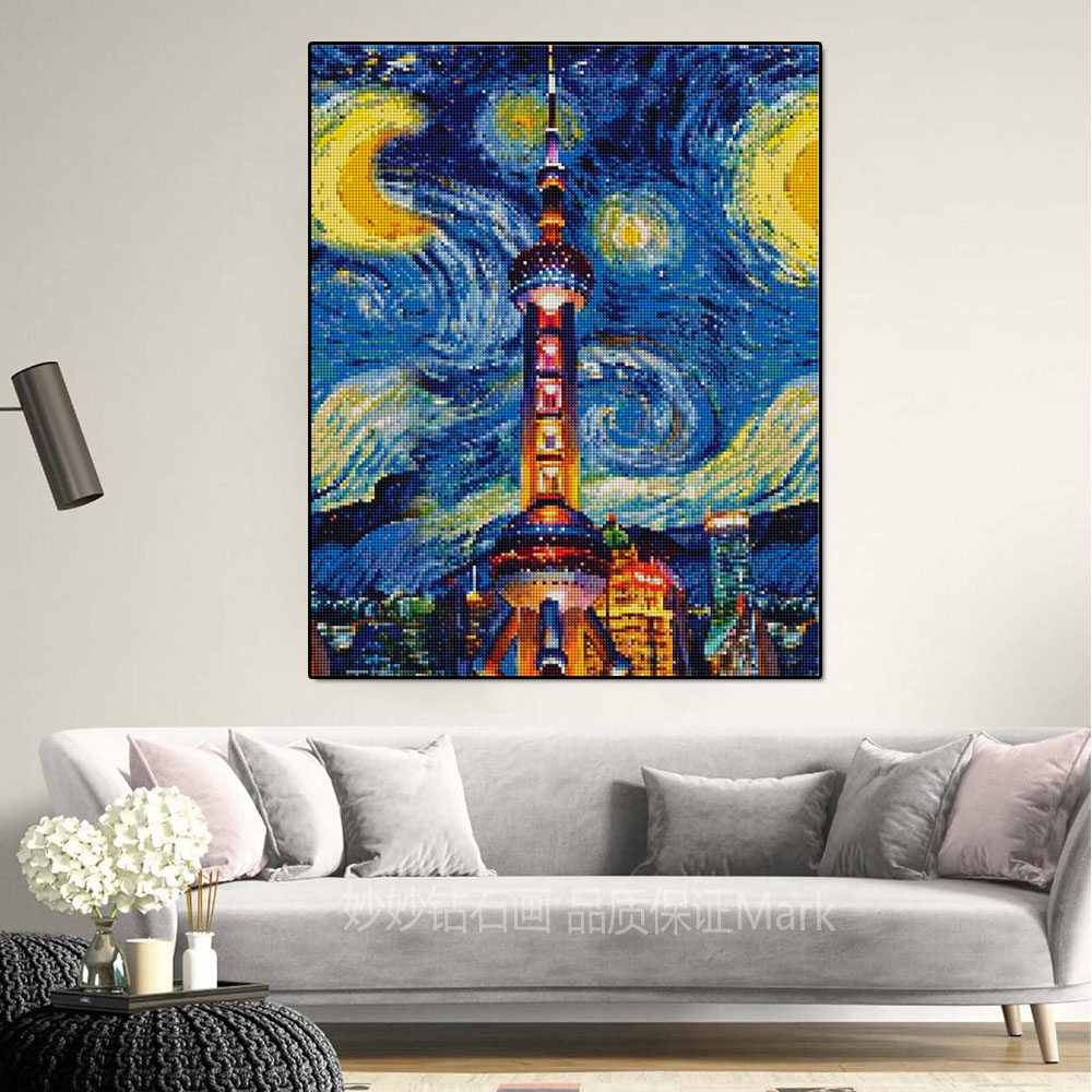 世界名胜梵高星空上海名胜东方明珠钻石画成人DIY手工点钻十字绣