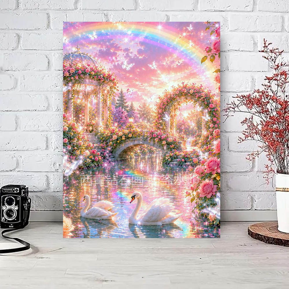 梦幻天鹅湖玫瑰花园钻石画高难度高颜值DIY手工镶水晶点钻十字绣