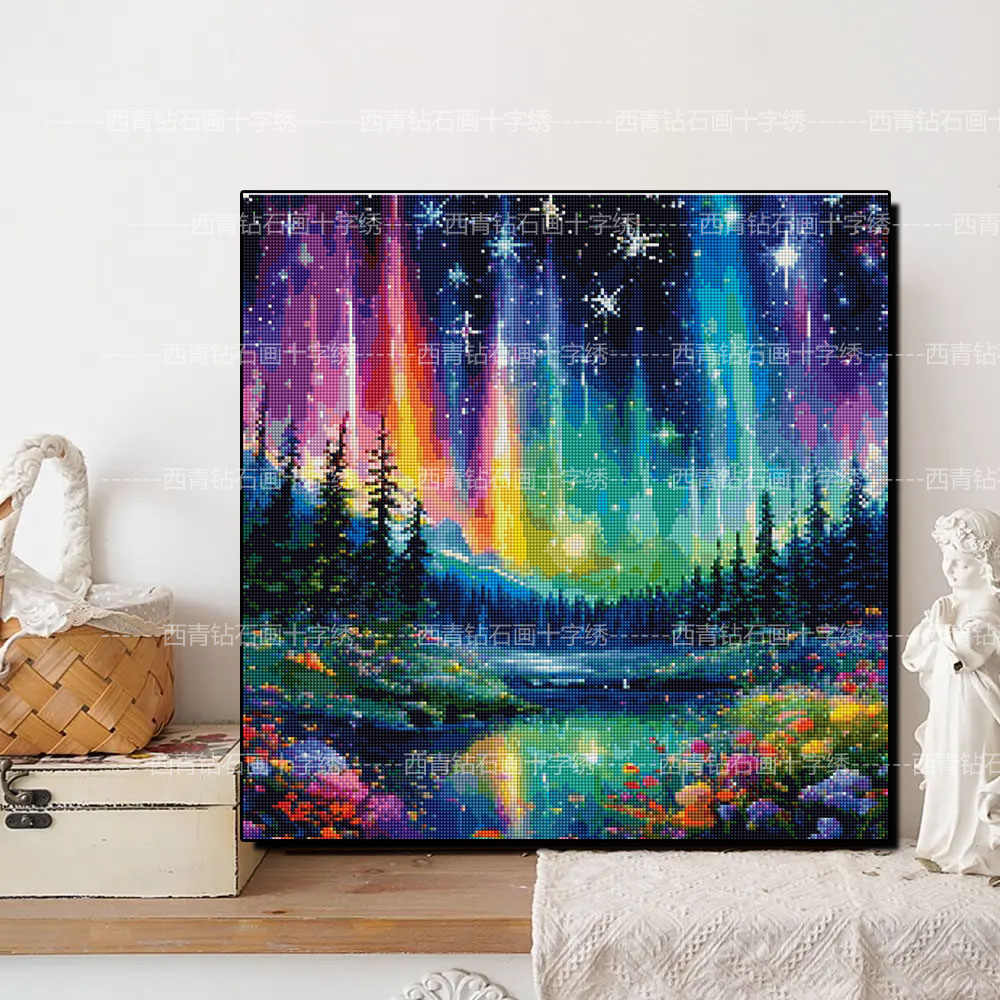 极光森林自然风景贴钻石画治愈系DIY手工客厅卧室水晶刺绣十字绣