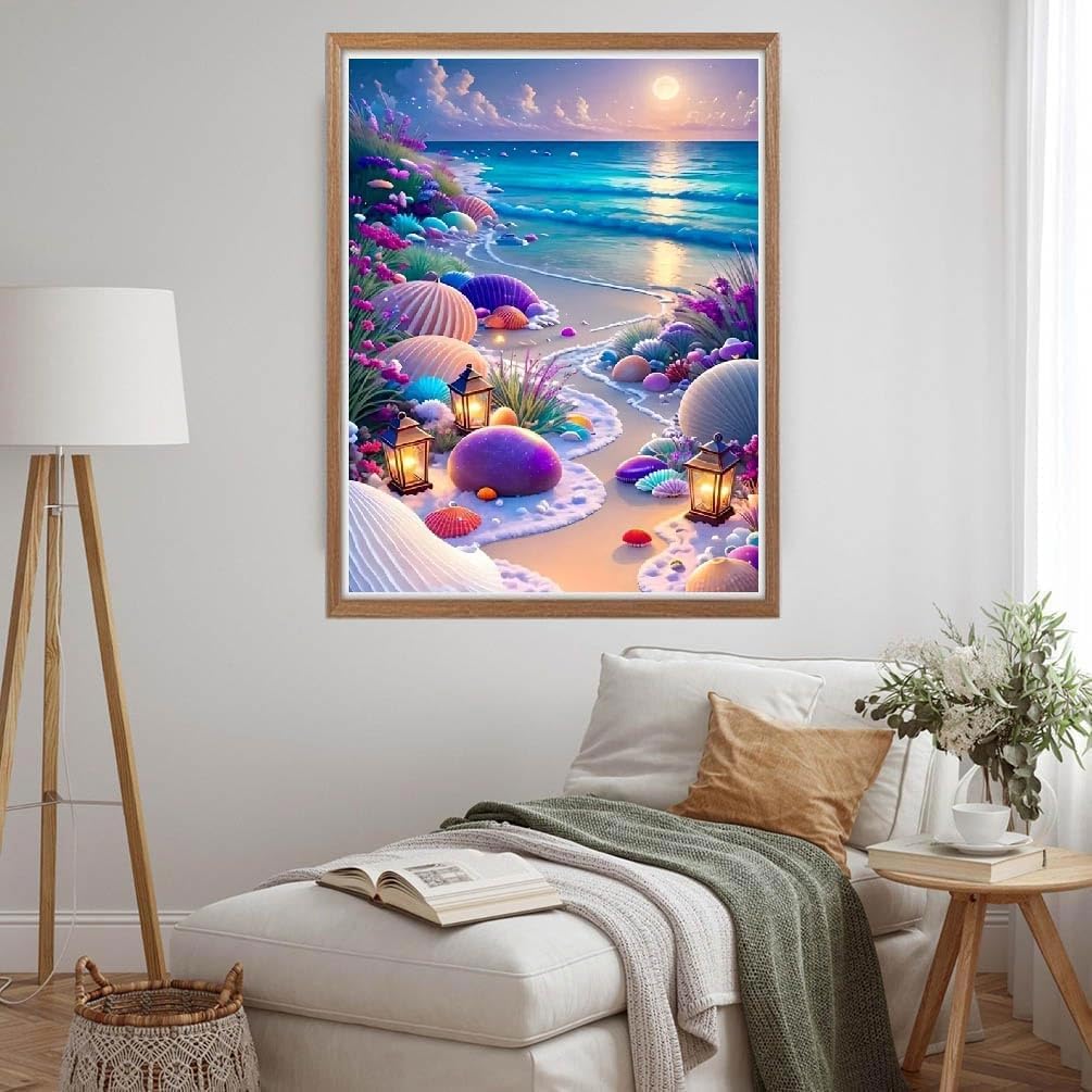 情绪治愈日落海滩贝壳风景钻石画成人卧室挂画DIY手工宝石十字绣