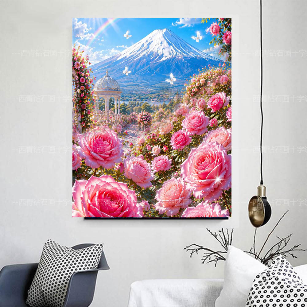 满方钻唯美梦幻玫瑰花园钻石贴画富士山风景高难度diy手工点钻画