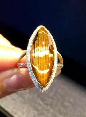 回收纯天然水晶钛晶戒指18k金镶嵌板钛猫眼效应强祼石25x10 5.2克