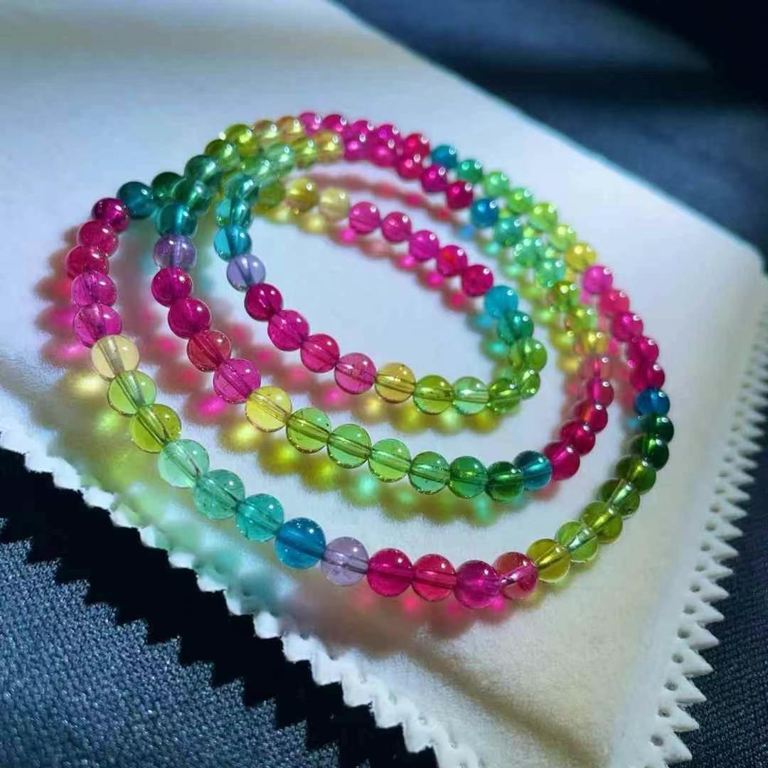 回收玻璃体色标彩虹碧玺三圈手链尺寸5mm24.1g宝石红帝王绿金丝雀