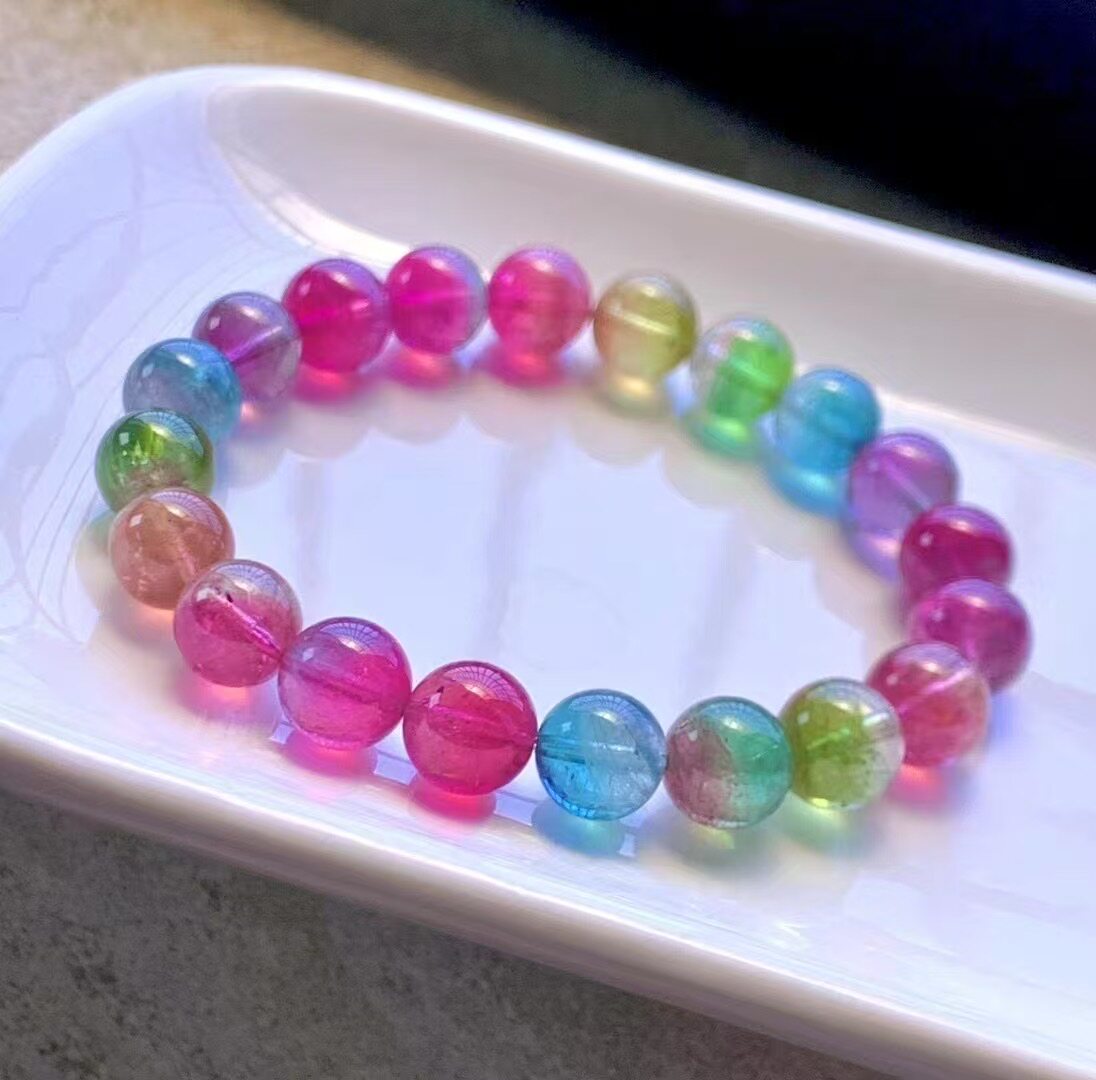 回收玻璃体荧光彩虹西瓜碧玺手链！颗颗鸳鸯体重 29 克规格 9.8mm
