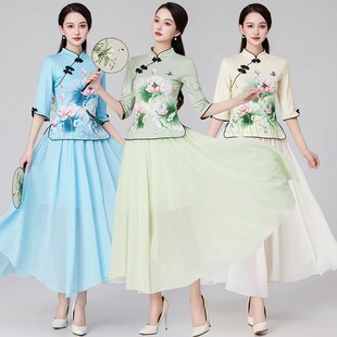 民国风汉服女广场舞蹈服装中国风新款旗袍民族跳舞表演出队服套装