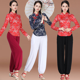 新款民族跳舞蹈服装女春夏长袖立领村姑碎花衣服采茶舞秧歌服套装