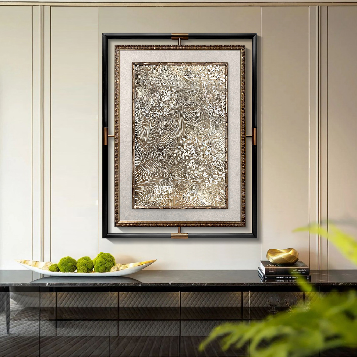 玄关轻奢家居定制立体肌理手绘画拼贴贝母片壁画书房过道装饰画