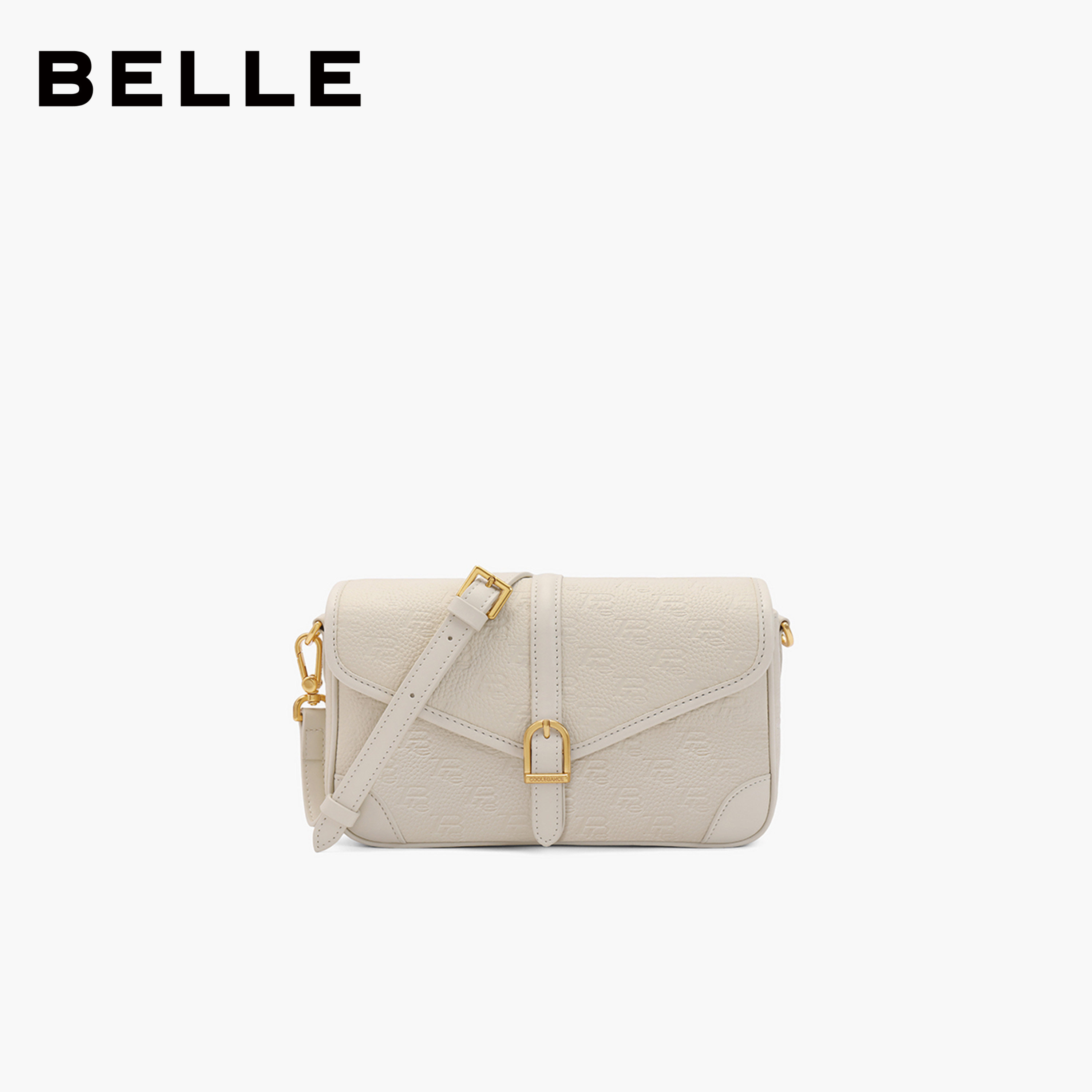 百丽牛皮复古质感斜挎老花小方包