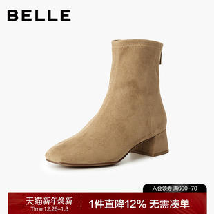 百丽简约复古弹力靴女2025冬新气质粗跟增高瘦瘦短靴BBWB1DZ5