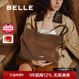 百丽女包流浪摩卡2025新反绒麂皮hobo包单肩斜挎大容量托特包8562