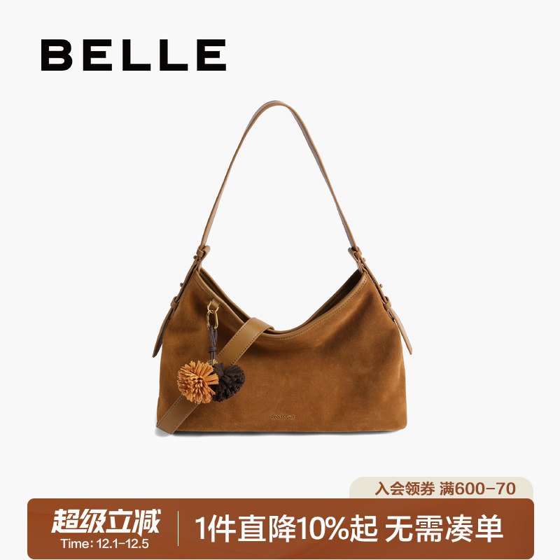 百丽2025新款复古绒面托特包