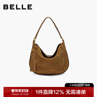 百丽包女2025商场同款波嬉风磨砂流苏反绒麂皮腋下包小号F3035DX5