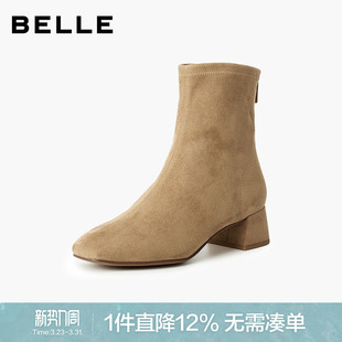 百丽画廊假日加绒时装 弹力靴反绒面粗高跟显瘦瘦短靴子BBWB1DZ5