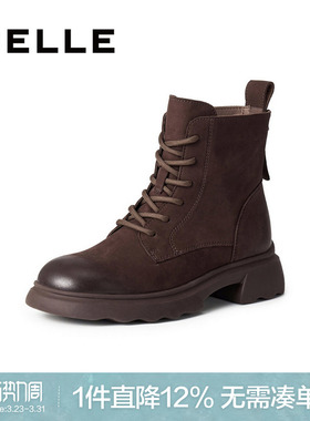 百丽加绒靴子羊皮英伦风马丁靴女冬季显瘦瘦粗跟休闲短靴E5S2DDD5