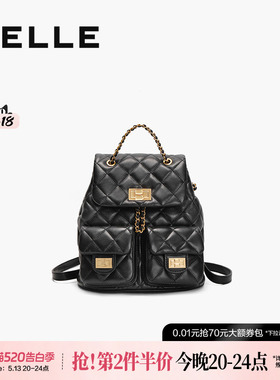 【520礼物】百丽女包真皮小香风背包羊皮黑色链条双肩包X9330BX4