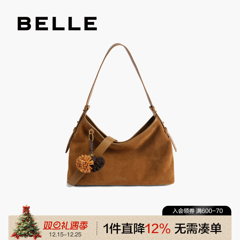 百丽2025新款复古绒面托特包