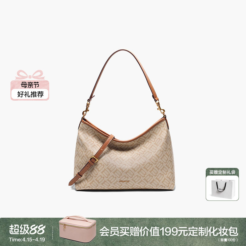 百丽女包新款海鸥老花腋下hobo包大容量真皮斜挎托特包百搭X7199A