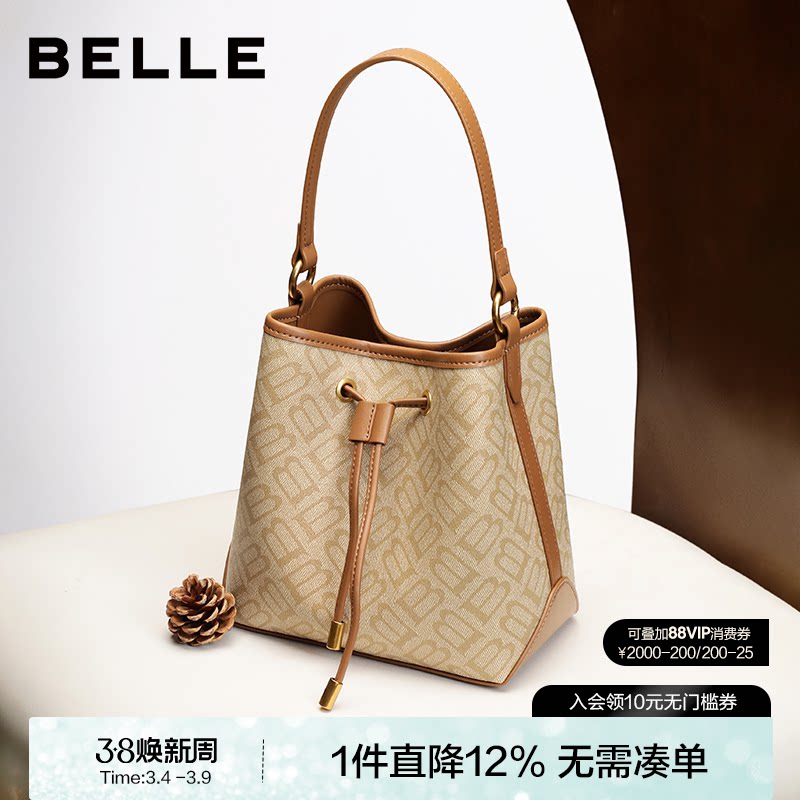 百丽包包女新款复古海鸥老花单肩斜挎手提菜篮子水桶包X2052DX5