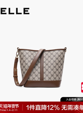 百丽包包女高级质感老花水桶包斜挎包通勤单肩大包妈妈包X9042AX3