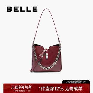 百丽包包女新款 斜挎水桶包红色婚包链条包托特包BL837CX5 商场同款