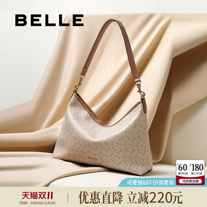 百丽女包包新款海鸥老花通勤单肩hobo包大容量真皮质感托特包7199