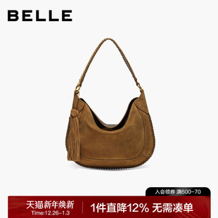 百丽包女2025商场同款 波嬉风磨砂流苏反绒麂皮腋下包小号F3035DX5