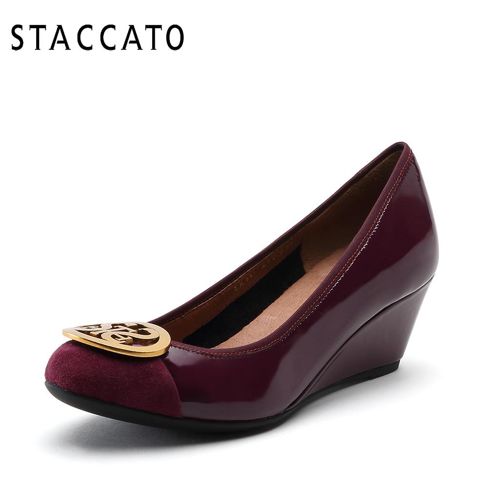 STACCATO/思加圖2018秋坡跟圓扣拼接舒適淺口女單鞋ER943CQ8