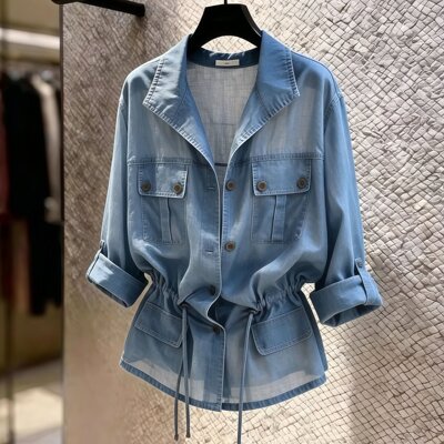 杰雅服饰蓝色立领长袖衬衫女时尚休闲轻熟风宽松显瘦简约气质上衣
