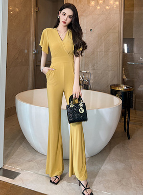 2025夏季新款休闲气质V领荷叶袖高腰修身阔腿连体裤显高长裤20550