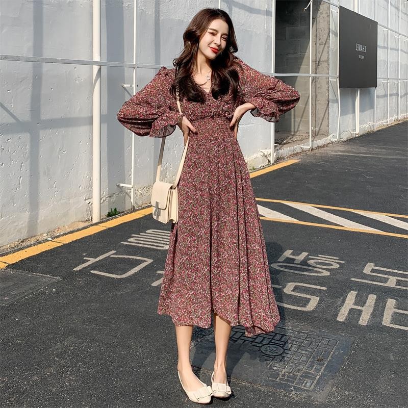 2023新款碎花连衣裙女雪纺中长款复古姐妹显瘦收腰长袖长裙小个子